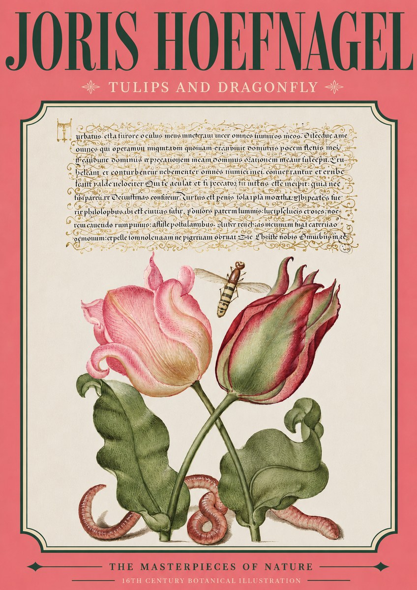 Joris Hoefnagel Two Tulips with Caterpillars and Dragonfly No4 - Plakát