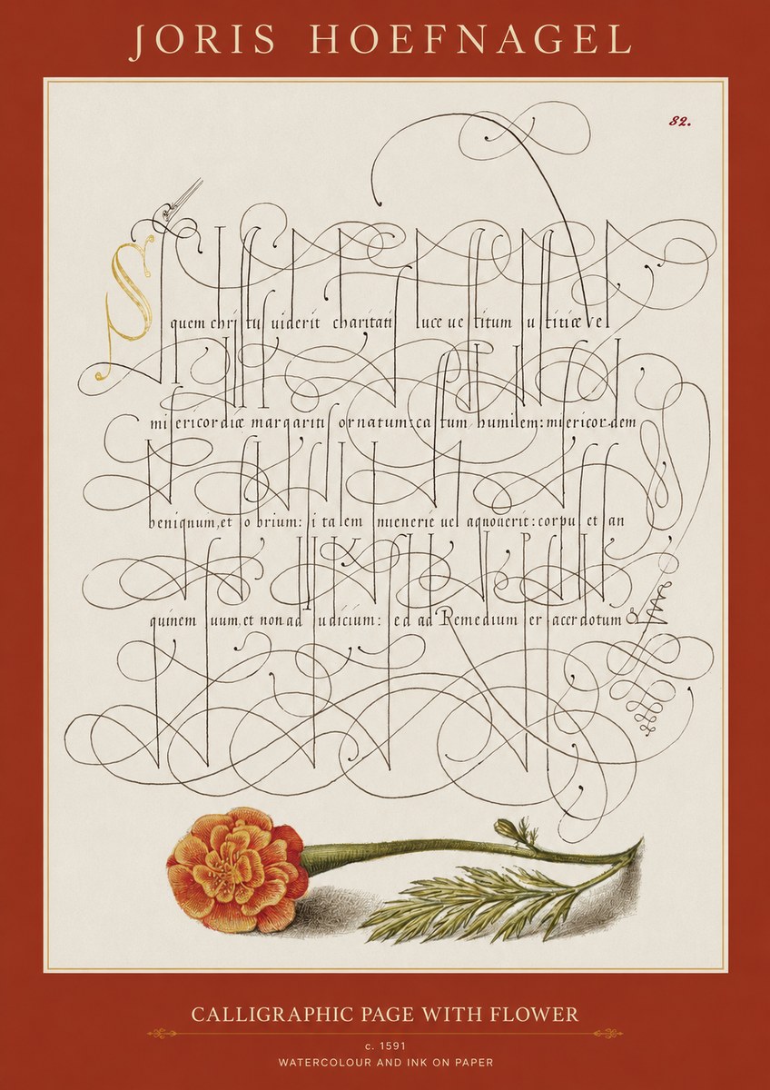 Joris Hoefnagel Calligraphic Study with Marigold No2 - Plakát