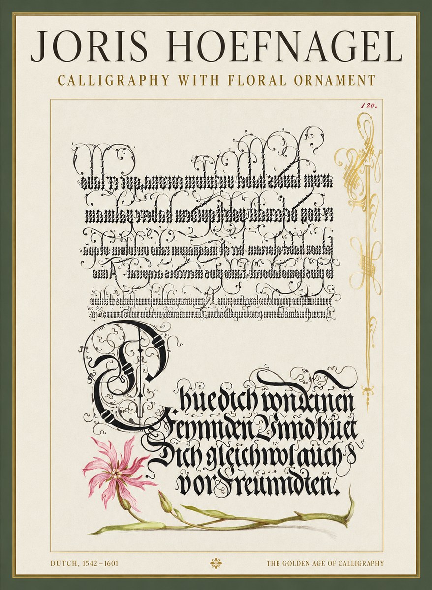 Joris Hoefnagel Calligraphy with Floral Ornament No1 - Plakát