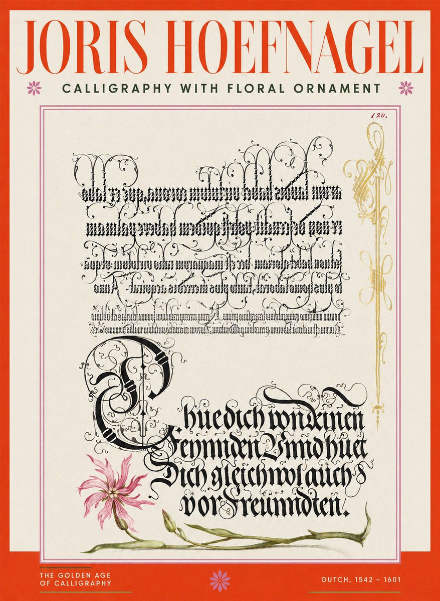 Joris Hoefnagel Calligraphy with Floral Ornament No2 - Plakát