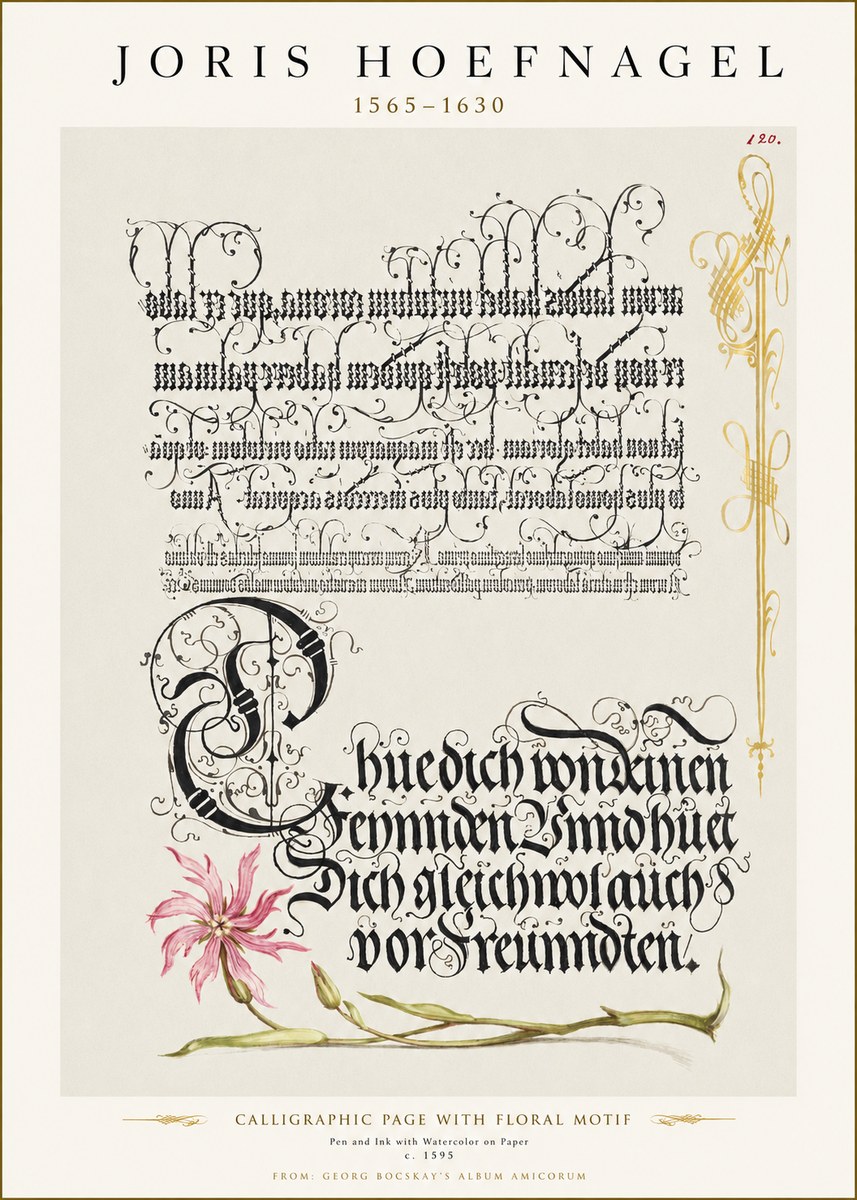Joris Hoefnagel Calligraphy with Floral Ornament No3 - Plakát