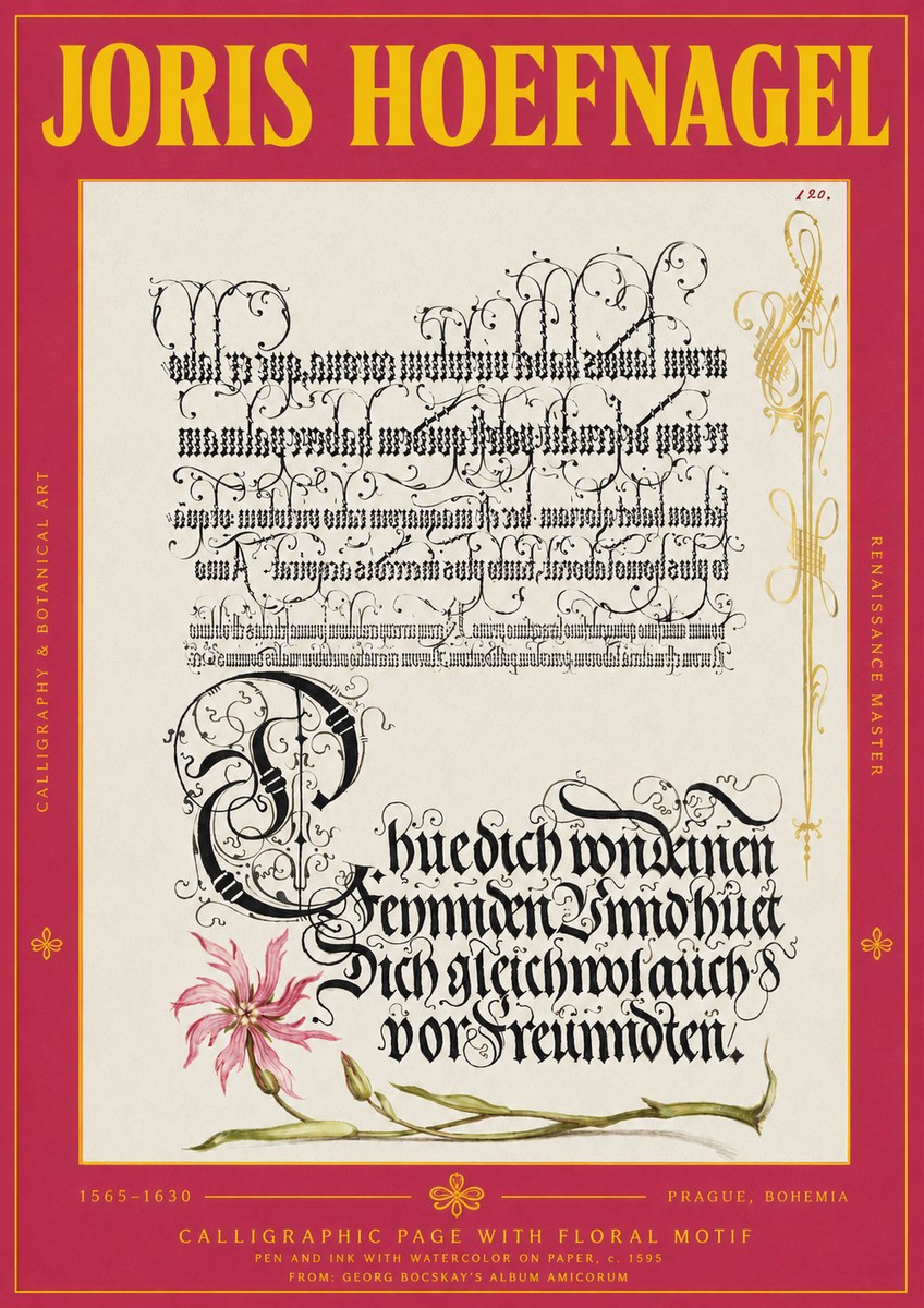 Joris Hoefnagel Calligraphy with Floral Ornament No4 - Plakát