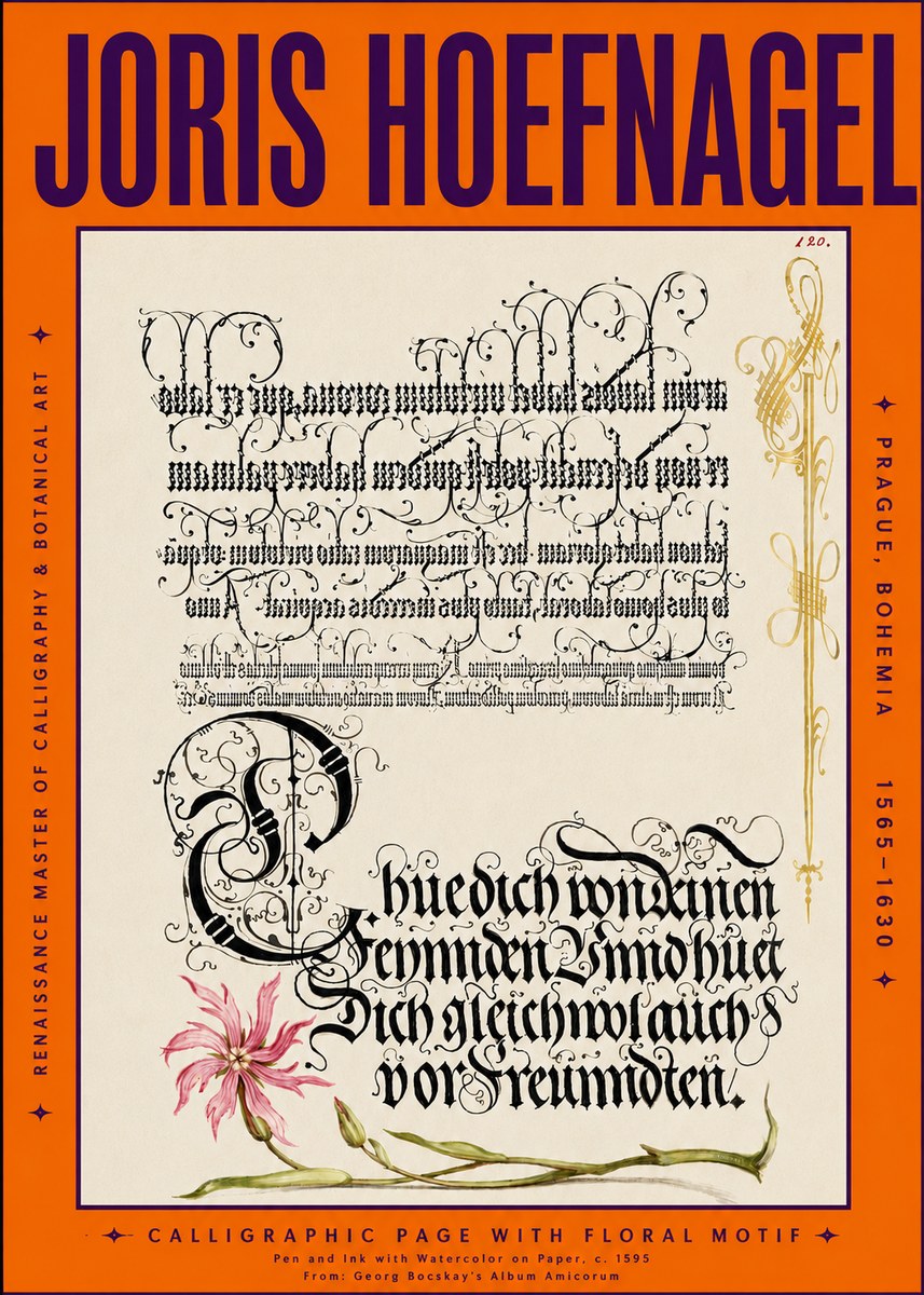 Joris Hoefnagel Calligraphy with Floral Ornament No5 - Plakát
