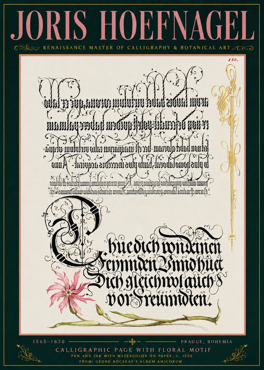 Joris Hoefnagel Calligraphy with Floral Ornament No6 - Plakát