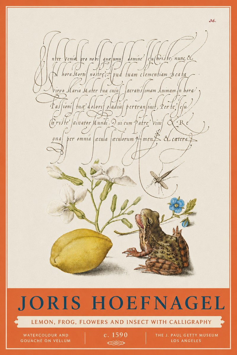 Joris Hoefnagel Nature Study with Lemon, Flowers, Frog & Insect No5 - Plakát