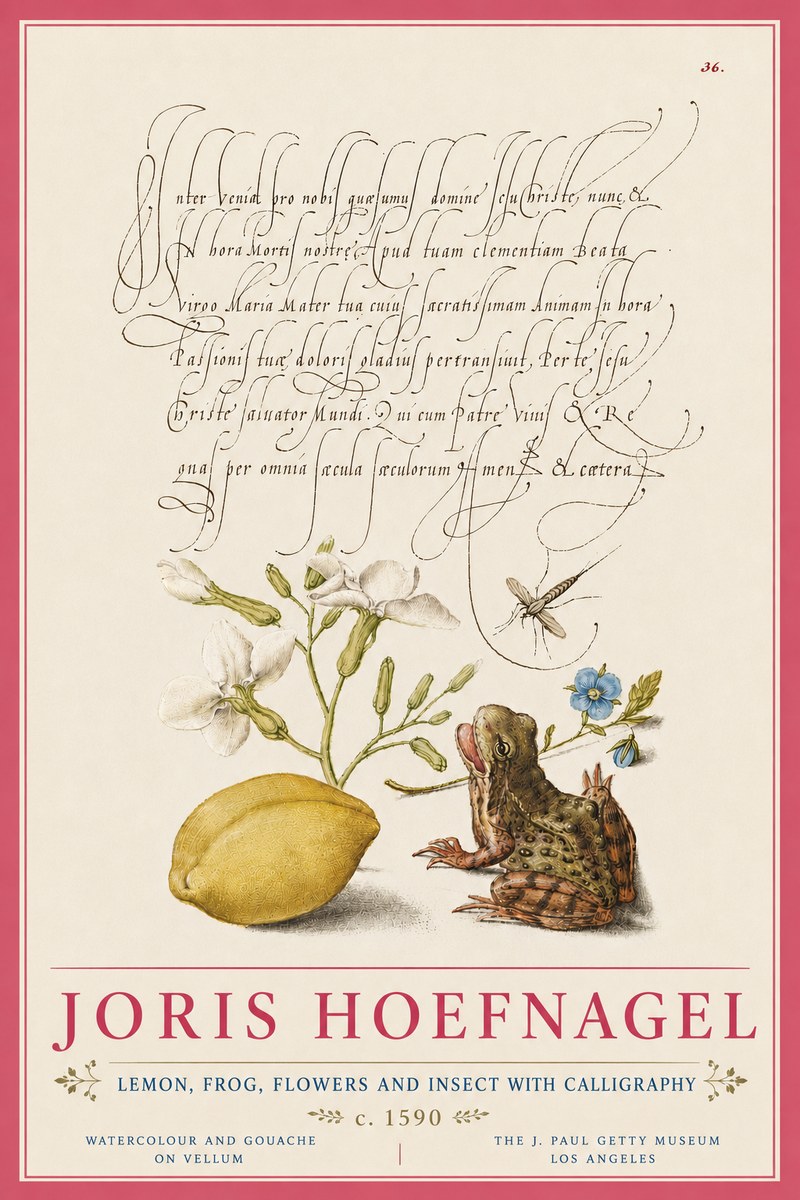 Joris Hoefnagel Nature Study with Lemon, Flowers, Frog & Insect No6 - Plakát