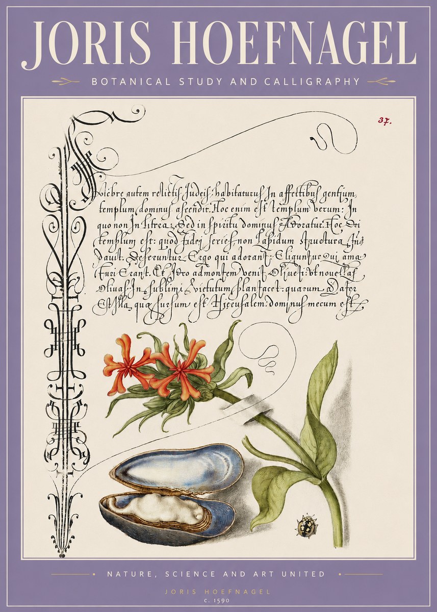 Joris Hoefnagel Botanical Study and Calligraphic Page No3 - Plakát