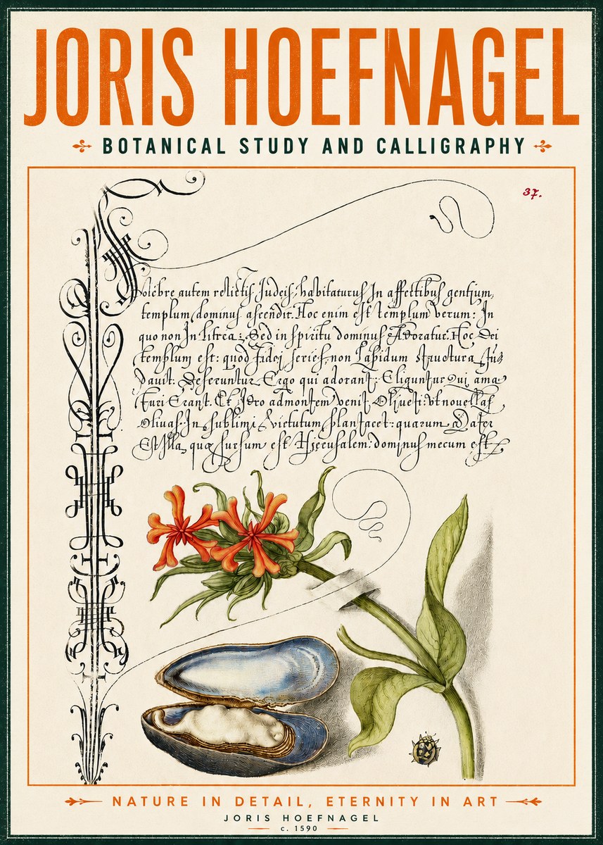 Joris Hoefnagel Botanical Study and Calligraphic Page No4 - Plakát