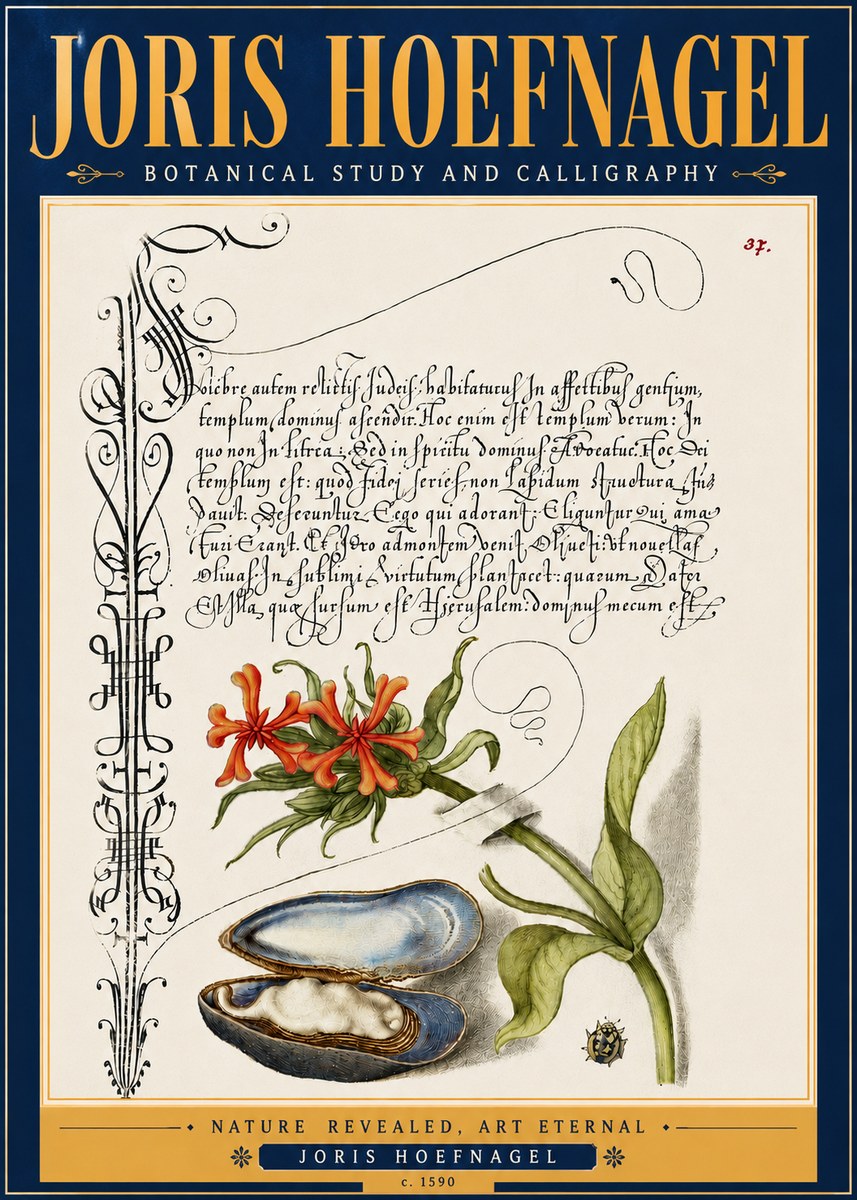 Joris Hoefnagel Botanical Study and Calligraphic Page No6 - Plakát
