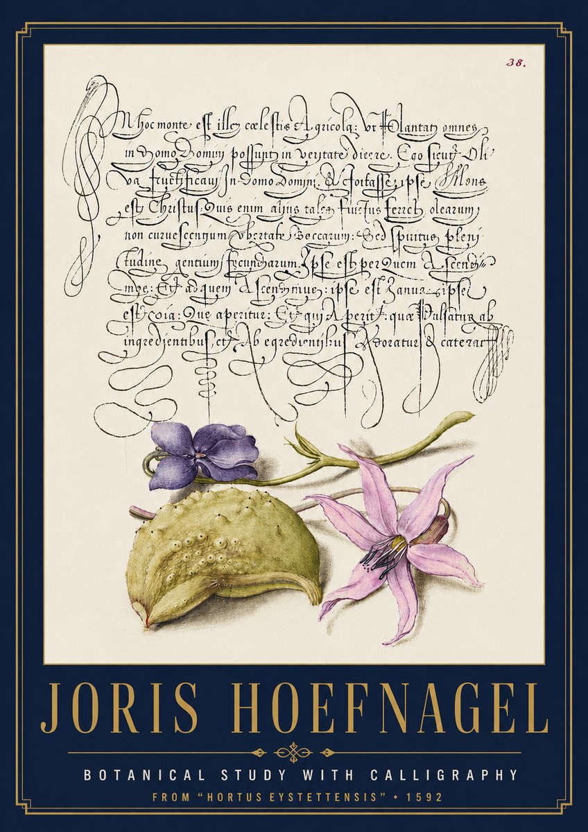 Joris Hoefnagel Botanical Study with Calligraphy I No4 - Plakát