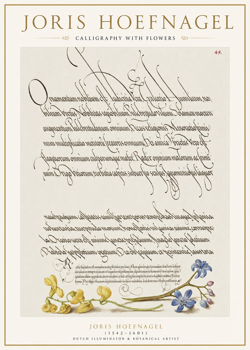Joris Hoefnagel Calligraphy with Flowers No1 - Plakát