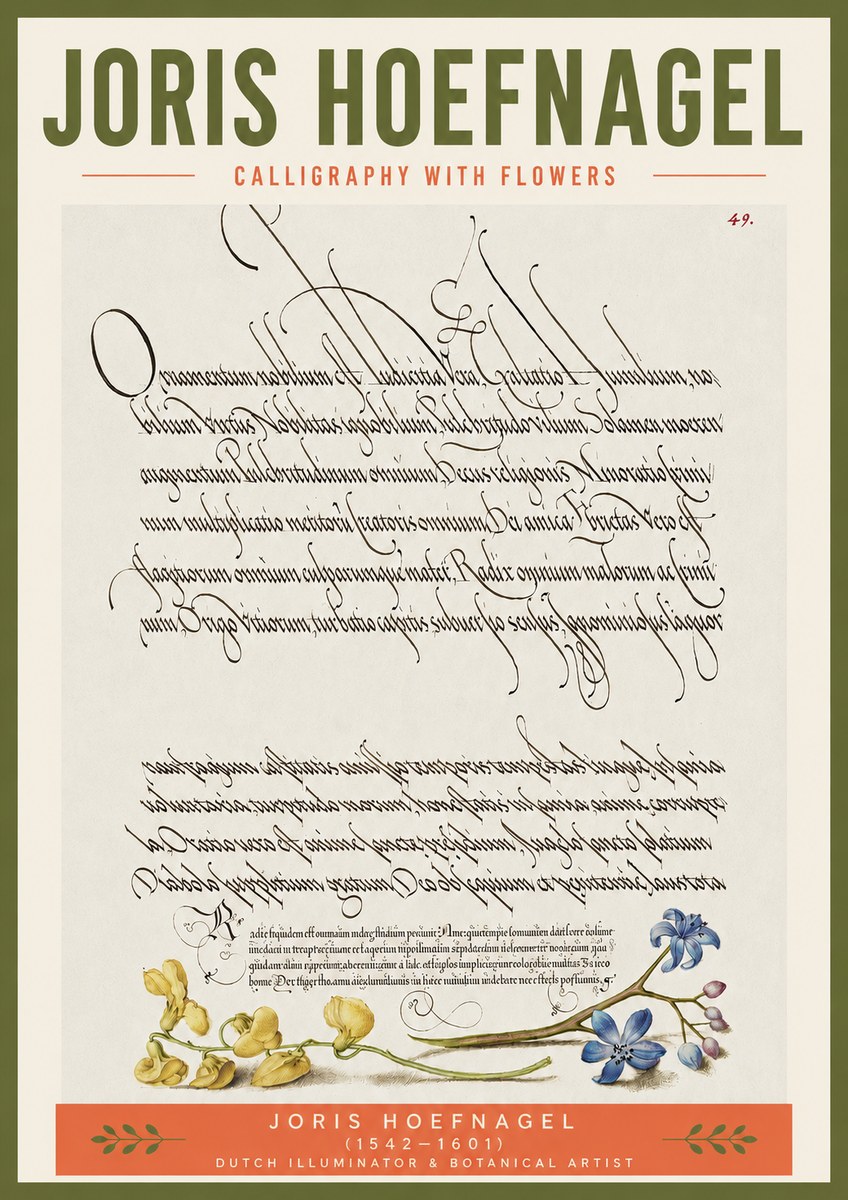 Joris Hoefnagel Calligraphy with Flowers No3 - Plakát