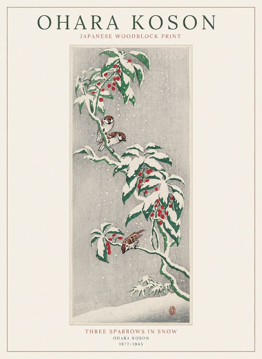 Ohara Koson Three Sparrows in Snow No1 - Plakát