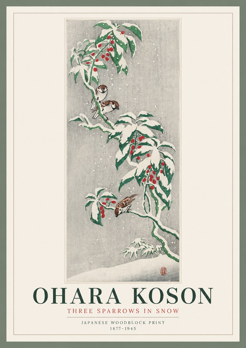 Ohara Koson Three Sparrows in Snow No2 - Plakát