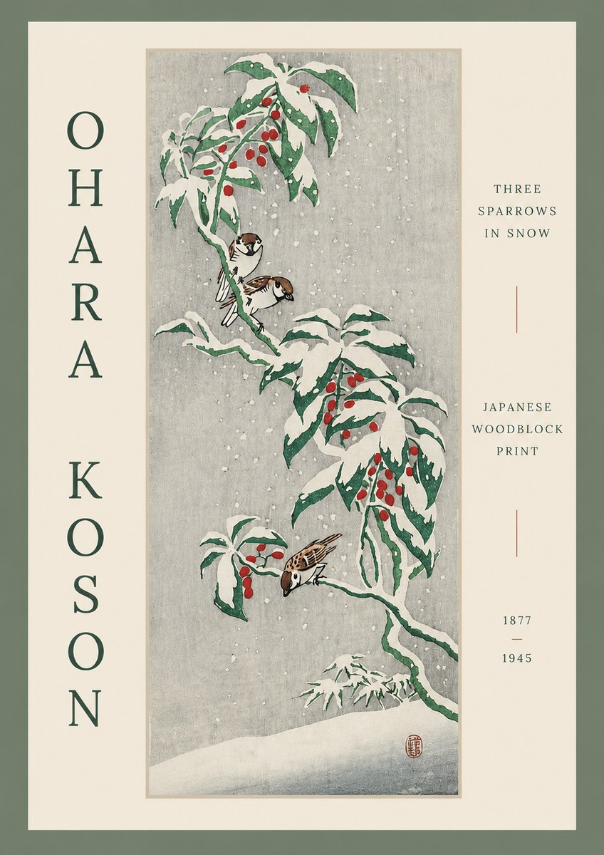 Ohara Koson Three Sparrows in Snow No3 - Plakát