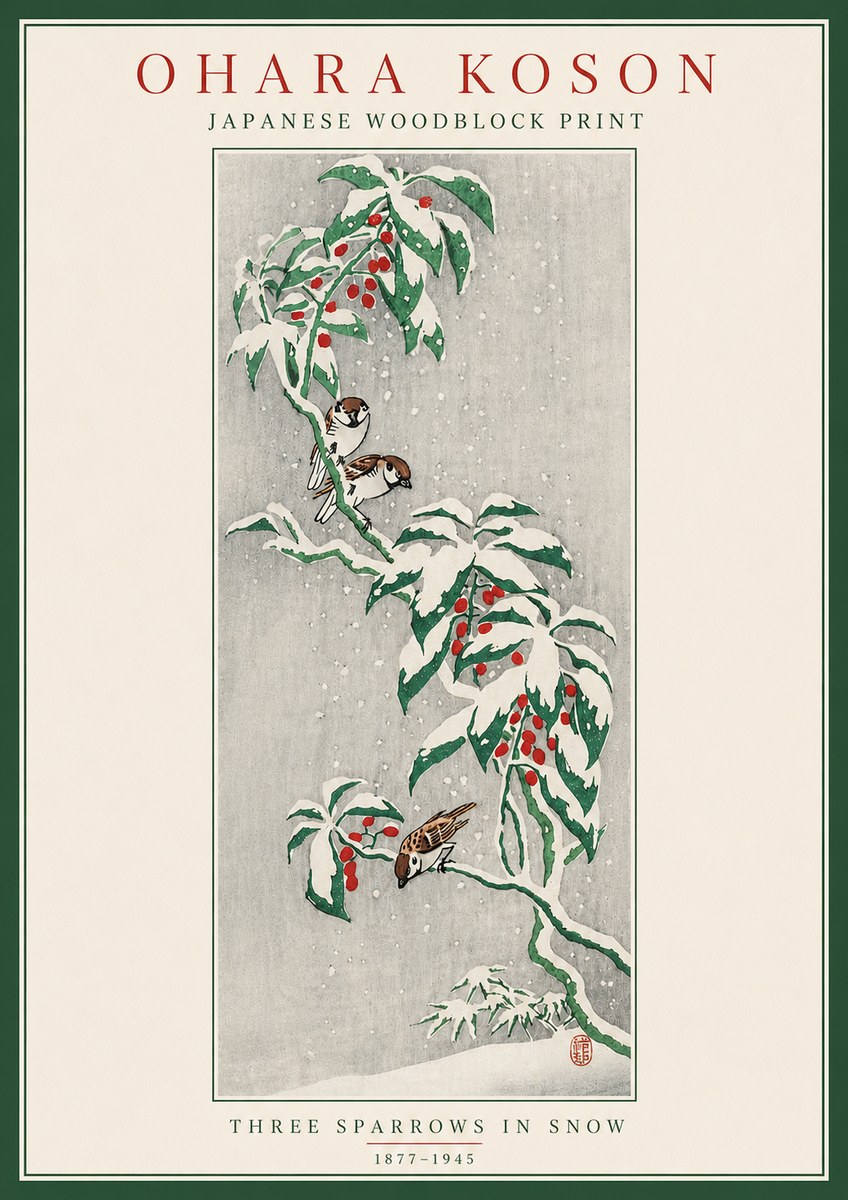 Ohara Koson Three Sparrows in Snow No5 - Plakát