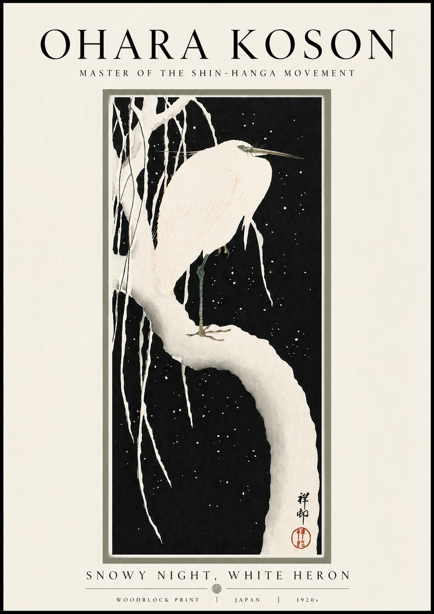 Ohara Koson Snowy Night, White Heron No4 - Plakát