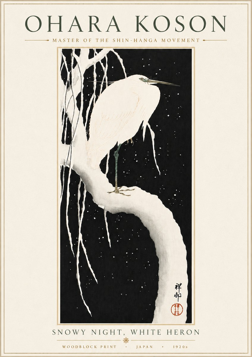 Ohara Koson Snowy Night, White Heron No6 - Plakát