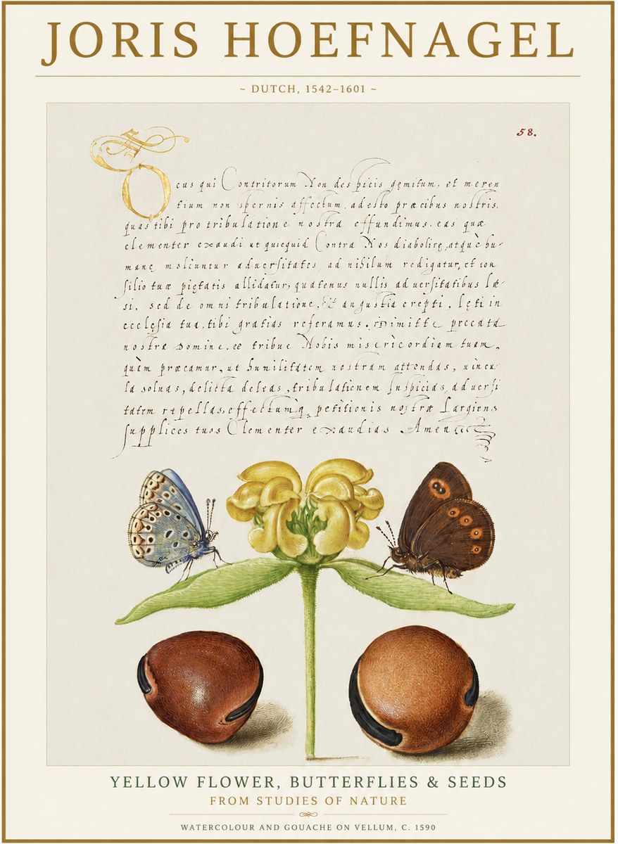 Joris Hoefnagel Yellow Flower, Butterflies & Seeds No1 - Plakát