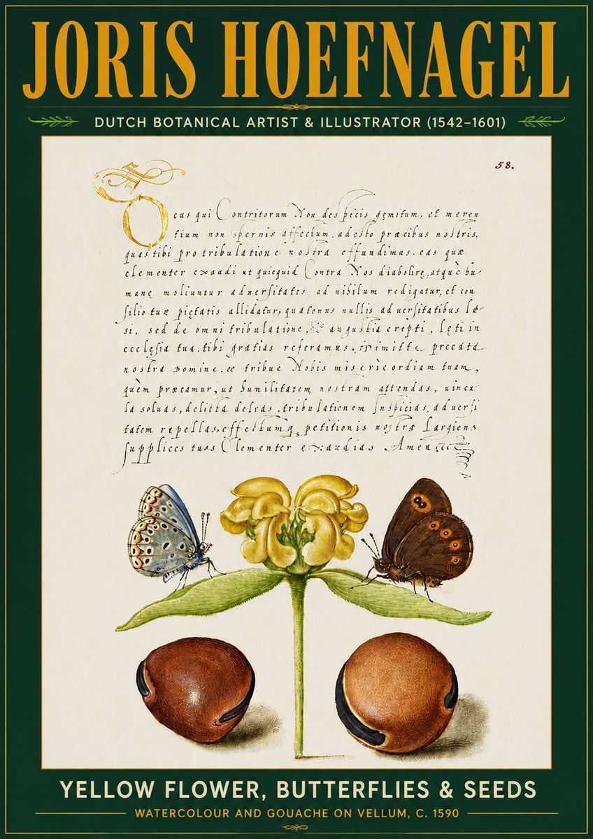 Joris Hoefnagel Yellow Flower, Butterflies & Seeds No5 - Plakát