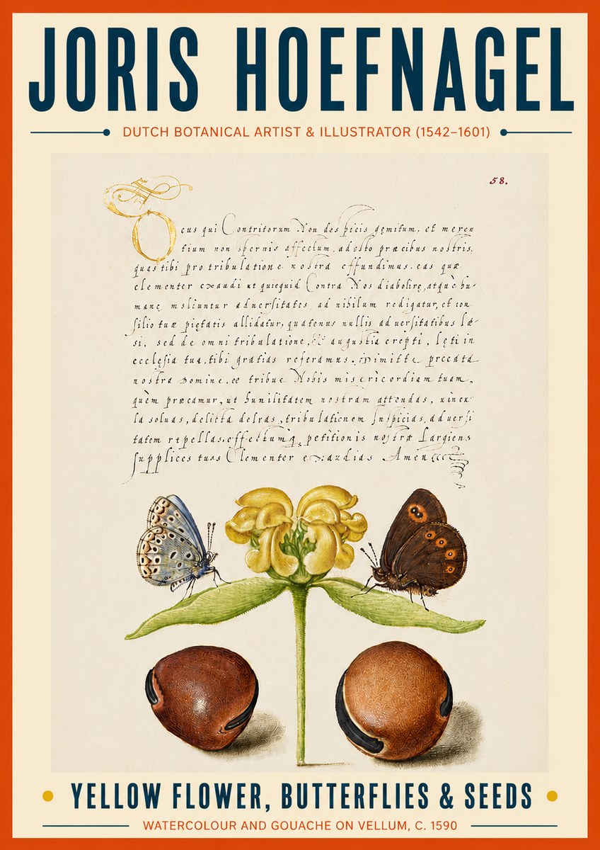 Joris Hoefnagel Yellow Flower, Butterflies & Seeds No6 - Plakát