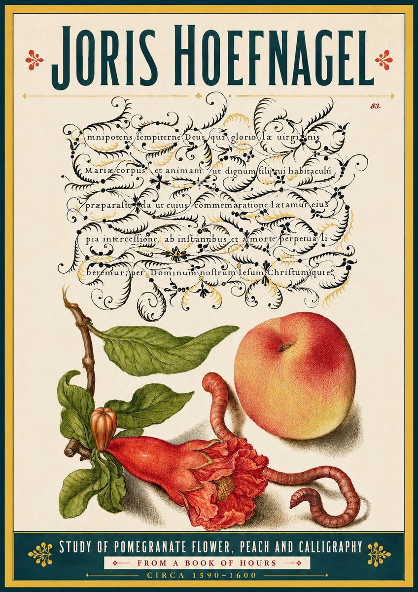 Joris Hoefnagel Study of Pomegranate Flower, Peach and Calligraphy from a Book of Hours No5 - Plakát