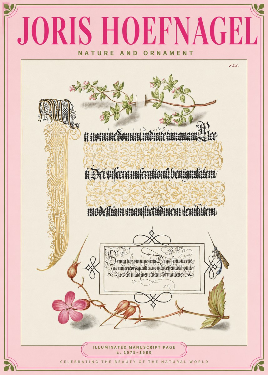Joris Hoefnagel Illuminated Manuscript Page with Flowers and Insect No2 - Plakát