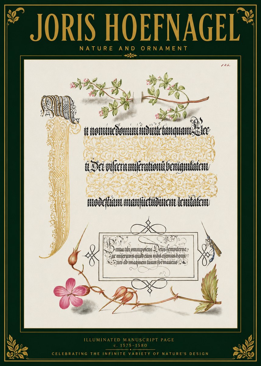 Joris Hoefnagel Illuminated Manuscript Page with Flowers and Insect No3 - Plakát