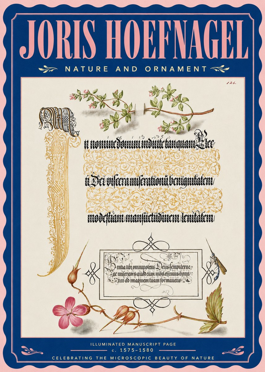 Joris Hoefnagel Illuminated Manuscript Page with Flowers and Insect No4 - Plakát