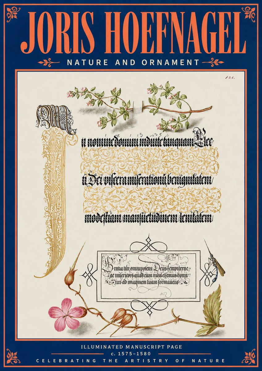Joris Hoefnagel Illuminated Manuscript Page with Flowers and Insect No5 - Plakát