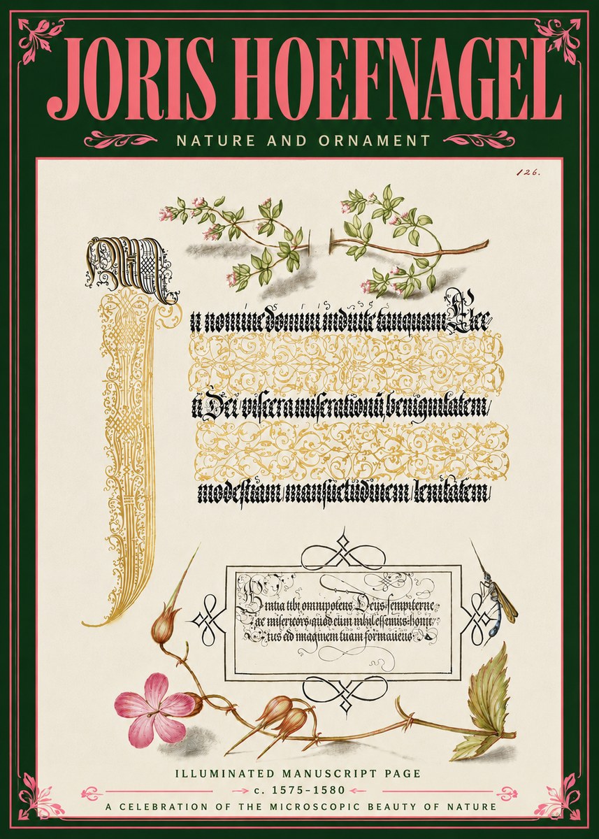 Joris Hoefnagel Illuminated Manuscript Page with Flowers and Insect No6 - Plakát