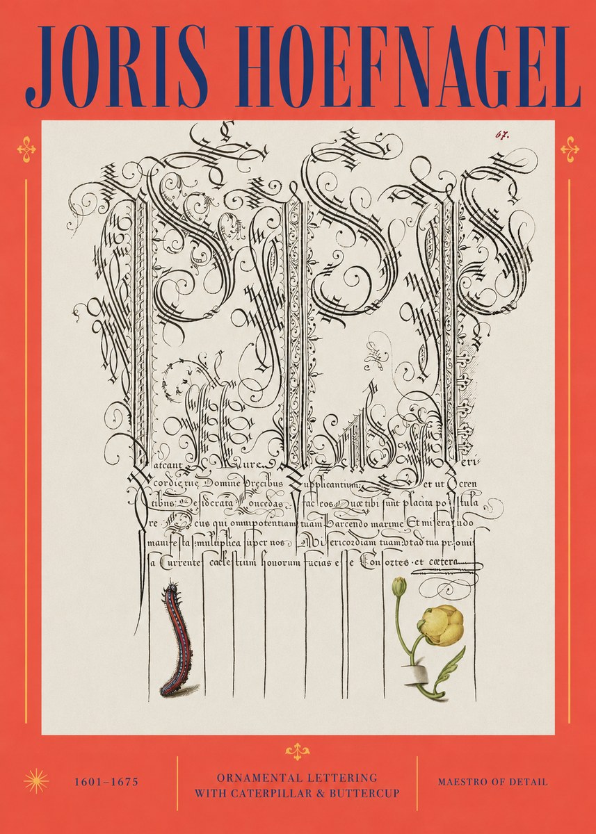 Joris Hoefnagel Ornamental Calligraphy with Caterpillar and Buttercup No3 - Plakát