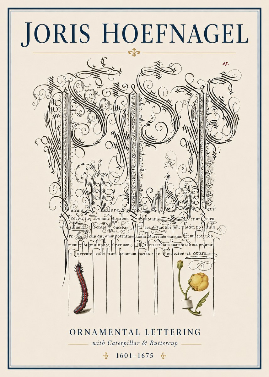 Joris Hoefnagel Ornamental Calligraphy with Caterpillar and Buttercup No4 - Plakát