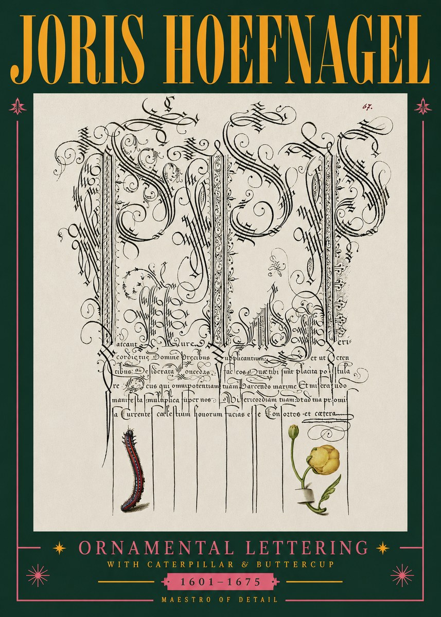 Joris Hoefnagel Ornamental Calligraphy with Caterpillar and Buttercup No5 - Plakát