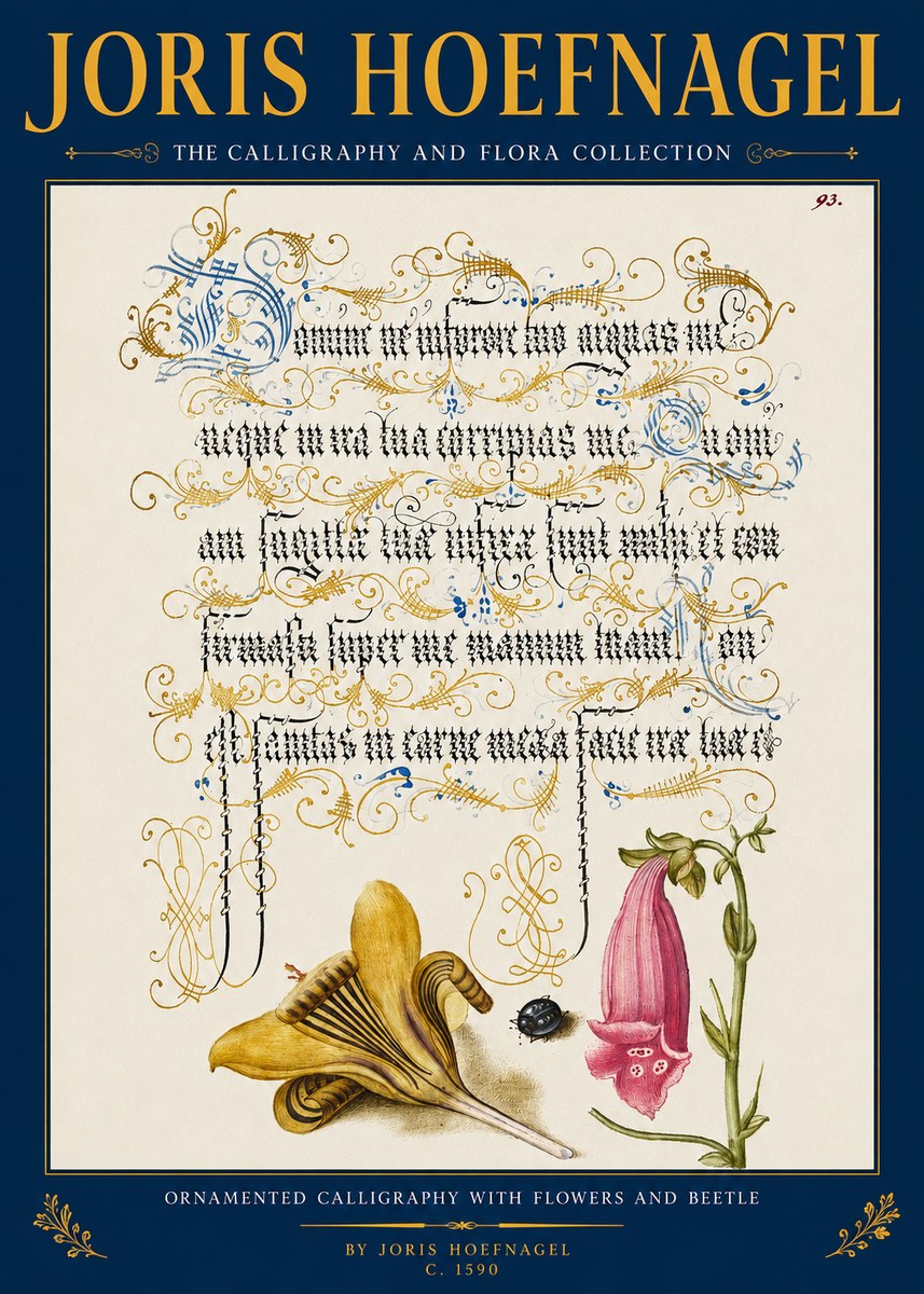 Joris Hoefnagel Ornamented Calligraphy with Flowers and Beetle No2 - Plakát