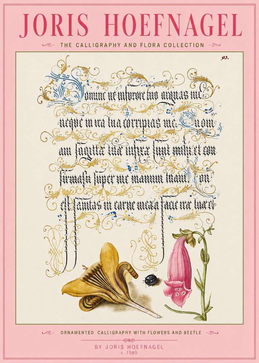 Joris Hoefnagel Ornamented Calligraphy with Flowers and Beetle No3 - Plakát