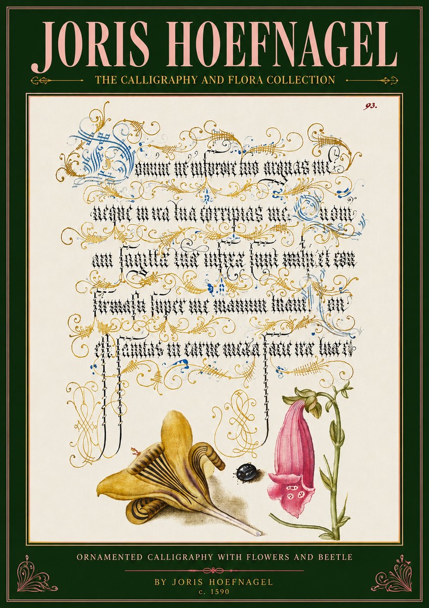 Joris Hoefnagel Ornamented Calligraphy with Flowers and Beetle No4 - Plakát