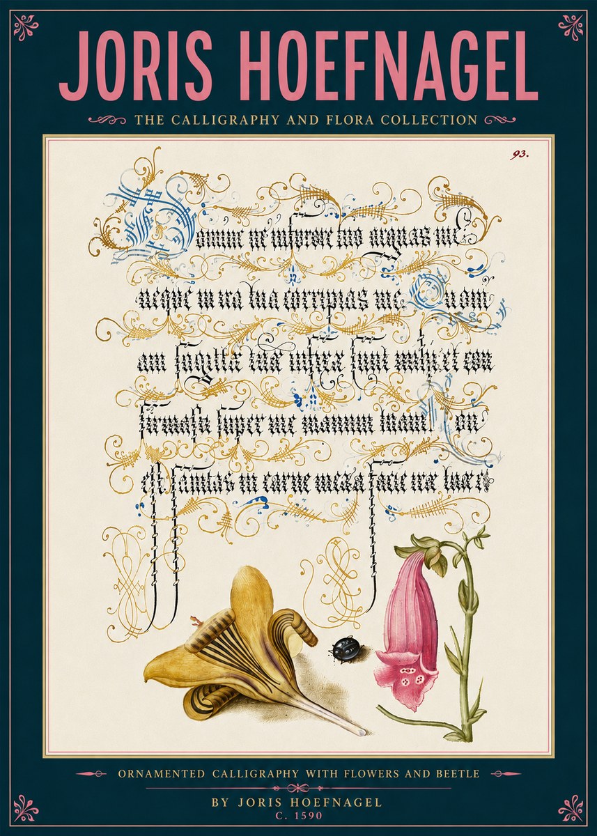 Joris Hoefnagel Ornamented Calligraphy with Flowers and Beetle No6 - Plakát