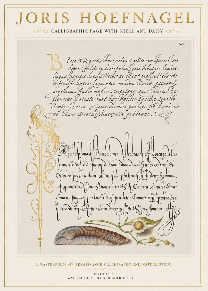 Joris Hoefnagel Calligraphic Page with Shell and Daisy No1 - Plakát