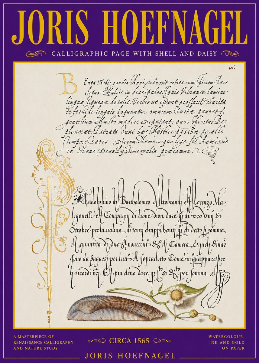 Joris Hoefnagel Calligraphic Page with Shell and Daisy No3 - Plakát