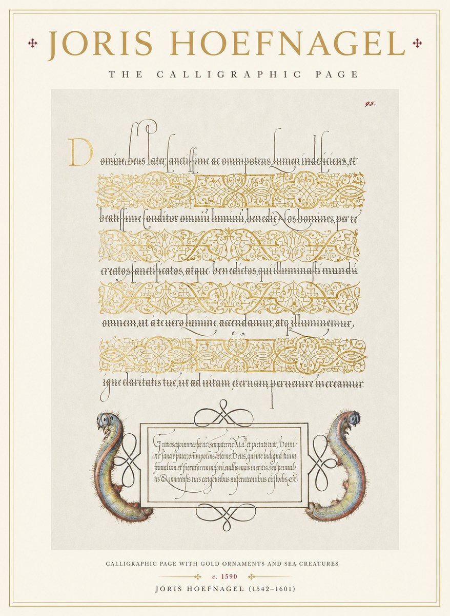 Joris Hoefnagel Calligraphic Page with Gold Ornaments and Sea Creatures No1 - Plakát