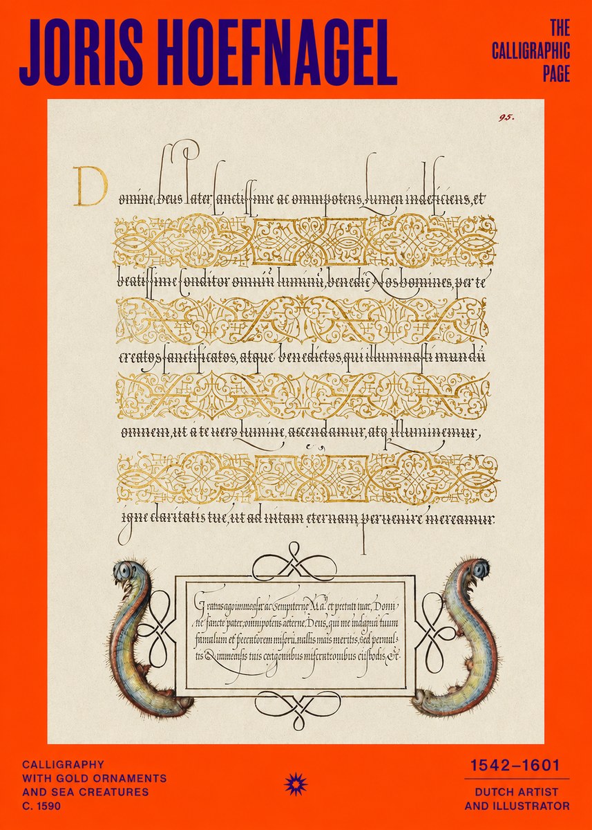 Joris Hoefnagel Calligraphic Page with Gold Ornaments and Sea Creatures No2 - Plakát