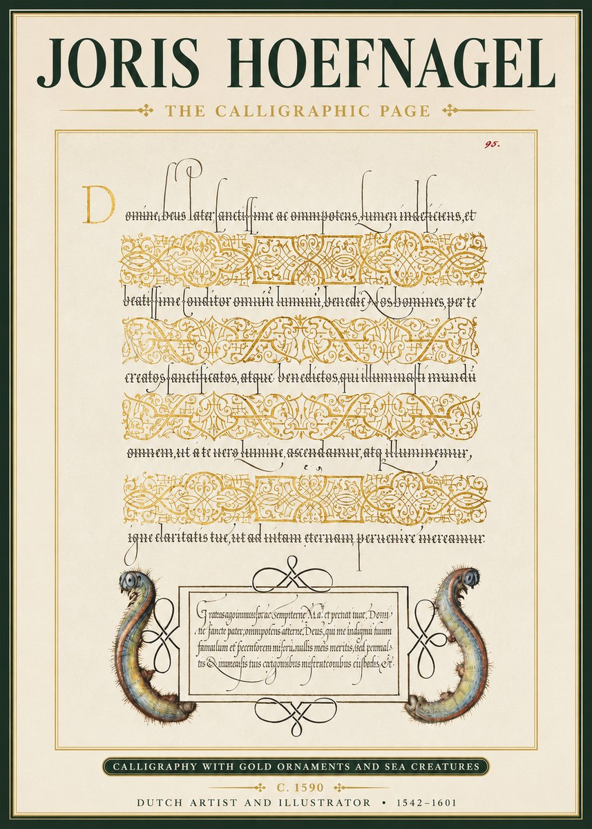 Joris Hoefnagel Calligraphic Page with Gold Ornaments and Sea Creatures No3 - Plakát