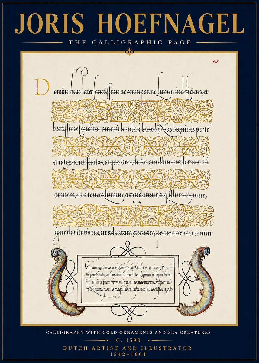 Joris Hoefnagel Calligraphic Page with Gold Ornaments and Sea Creatures No4 - Plakát
