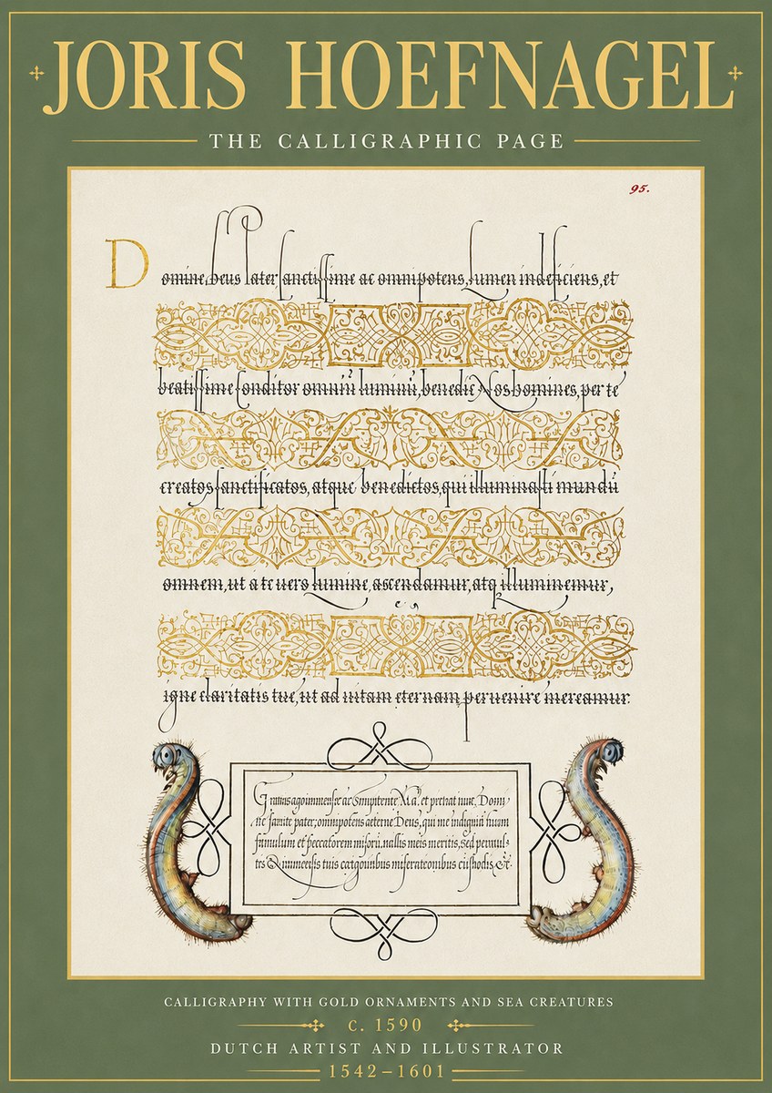 Joris Hoefnagel Calligraphic Page with Gold Ornaments and Sea Creatures No5 - Plakát
