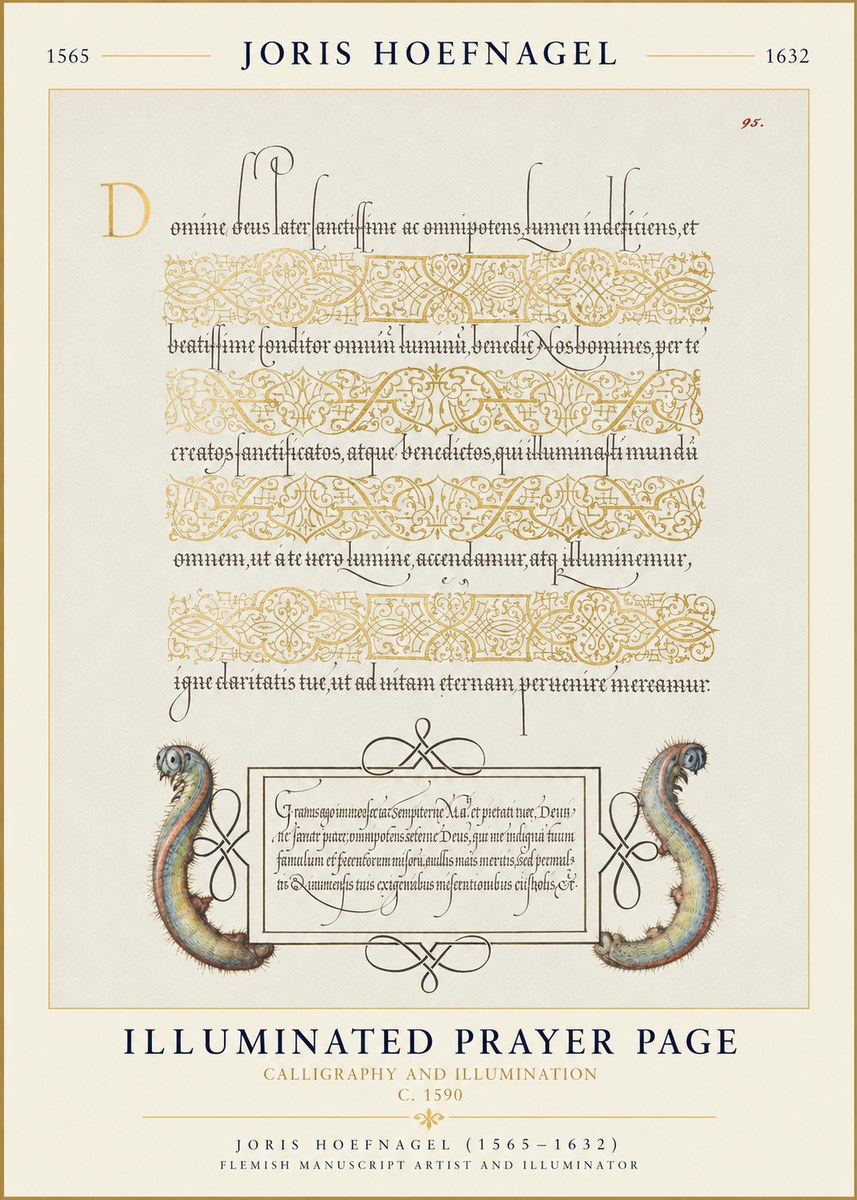 Joris Hoefnagel Calligraphic Page with Gold Ornaments and Sea Creatures No6 - Plakát
