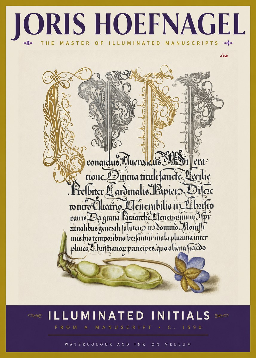 Joris Hoefnagel Illuminated Initials with Peapod and Flower No3 - Plakát