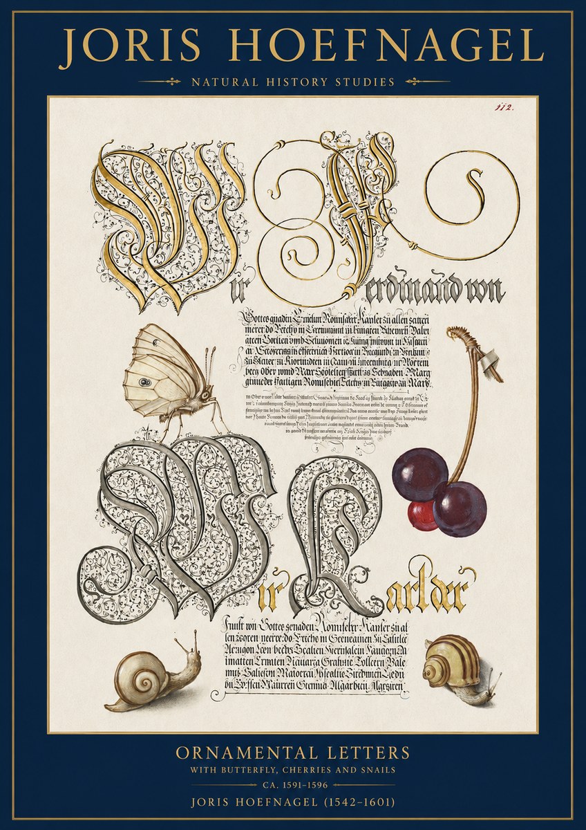Joris Hoefnagel Ornamental Letters with Butterfly, Cherries and Snails No2 - Plakát