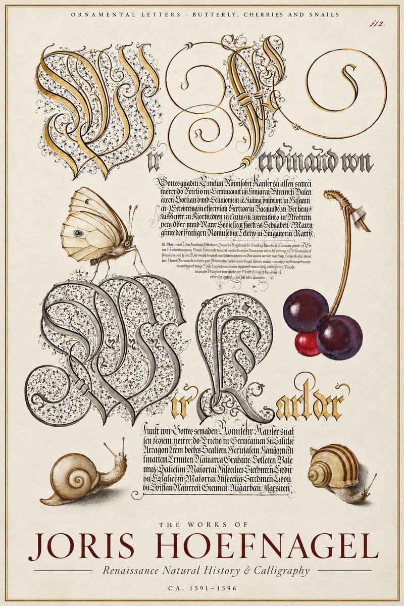 Joris Hoefnagel Ornamental Letters with Butterfly, Cherries and Snails No4 - Plakát