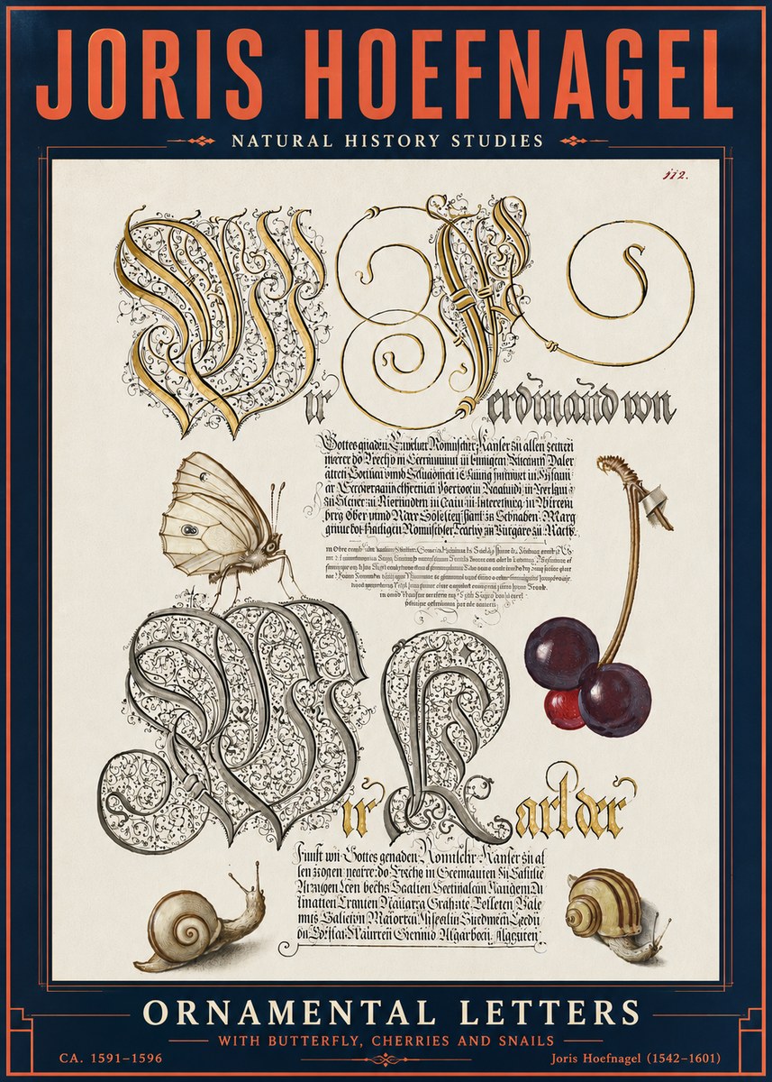 Joris Hoefnagel Ornamental Letters with Butterfly, Cherries and Snails No6 - Plakát